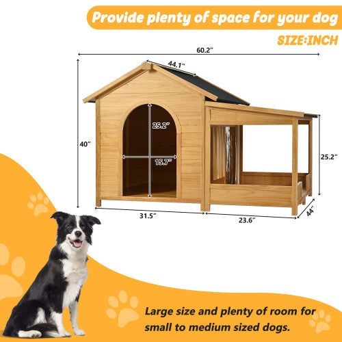 HKM-9534397 Large Wooden Dog House with Porch, Asphalt Roof, Elevated Floor for Medium & Large Dogs