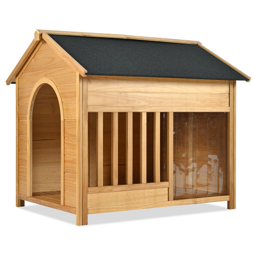 HKM-9534397 Large Wooden Dog House with Porch, Asphalt Roof, Elevated Floor for Medium & Large Dogs