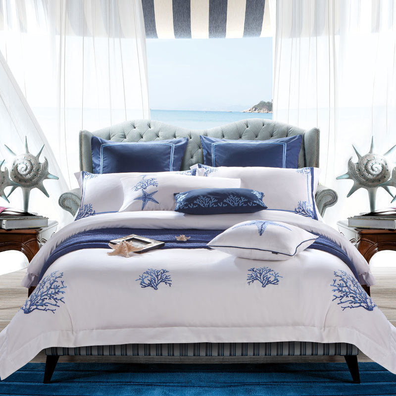 HKM-954003 Four-Piece White Cotton Bedding Set with Embroidery - Simple Nordic Style