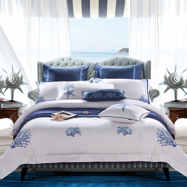 HKM-954003 Four-Piece White Cotton Bedding Set with Embroidery - Simple Nordic Style