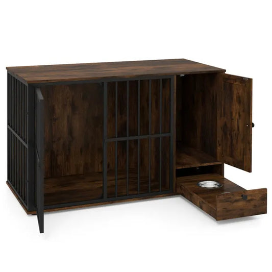 HKM-9540157 2-in-1 Dog Crate End Table with Pull-Out Feeder for Small & Medium Dogs, Chew-Resistant Design
