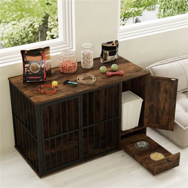 HKM-9540157 2-in-1 Dog Crate End Table with Pull-Out Feeder for Small & Medium Dogs, Chew-Resistant Design