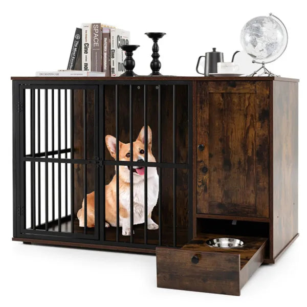 HKM-9540157 2-in-1 Dog Crate End Table with Pull-Out Feeder for Small & Medium Dogs, Chew-Resistant Design