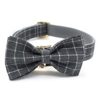 HKM-954067 Grey Plaid Dog Collar with Golden Metal Button - Adjustable Nylon Design
