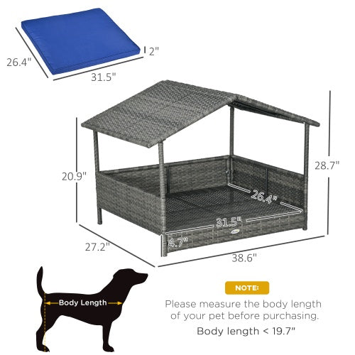 HKM-9541949 Wicker Dog House with Canopy, Rattan Bed with Water-resistant Cushion for Small and Medium Dogs, Dark Blue