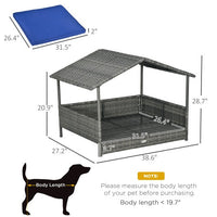 HKM-9541949 Wicker Dog House with Canopy, Rattan Bed with Water-resistant Cushion for Small and Medium Dogs, Dark Blue