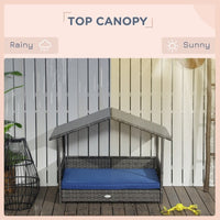 HKM-9541949 Wicker Dog House with Canopy, Rattan Bed with Water-resistant Cushion for Small and Medium Dogs, Dark Blue