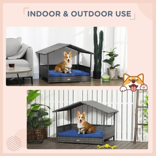 HKM-9541949 Wicker Dog House with Canopy, Rattan Bed with Water-resistant Cushion for Small and Medium Dogs, Dark Blue