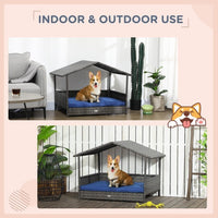 HKM-9541949 Wicker Dog House with Canopy, Rattan Bed with Water-resistant Cushion for Small and Medium Dogs, Dark Blue