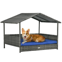 HKM-9541949 Wicker Dog House with Canopy, Rattan Bed with Water-resistant Cushion for Small and Medium Dogs, Dark Blue