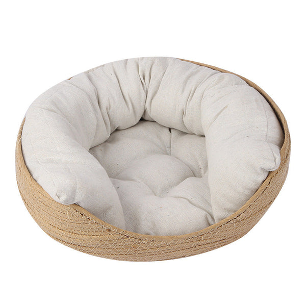 HKM-9546301 Hand-Woven Rattan Cat Nest with Scratching Board - Versatile Pet Bed for Cats and Small Dogs, Multi-Season Use