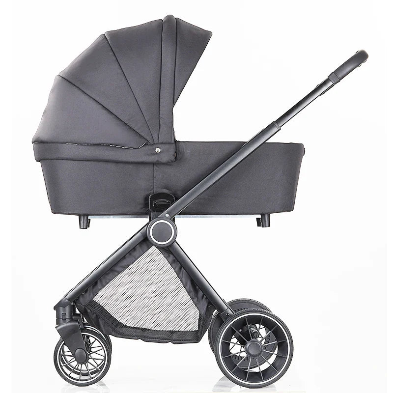 HKM-954707 Luxury High Landscape 3 in 1 Leather Baby Stroller with Car Seat and Large Wheels