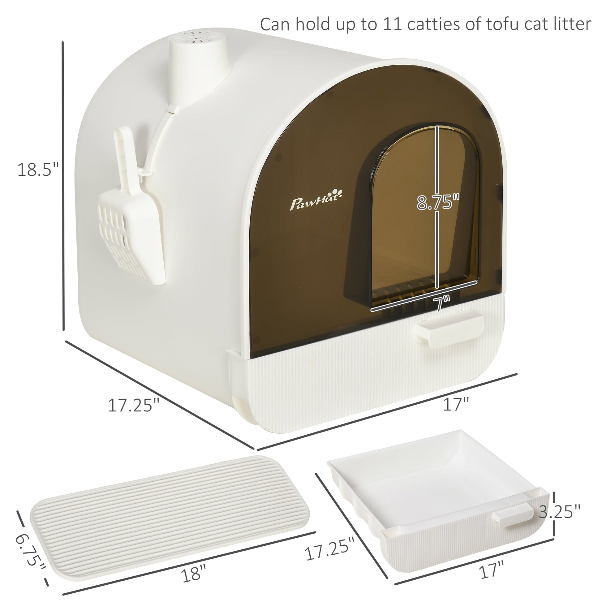 HKM-9547709 White Hooded Cat Litter Box with Scoop, Filter, and Removable Tray