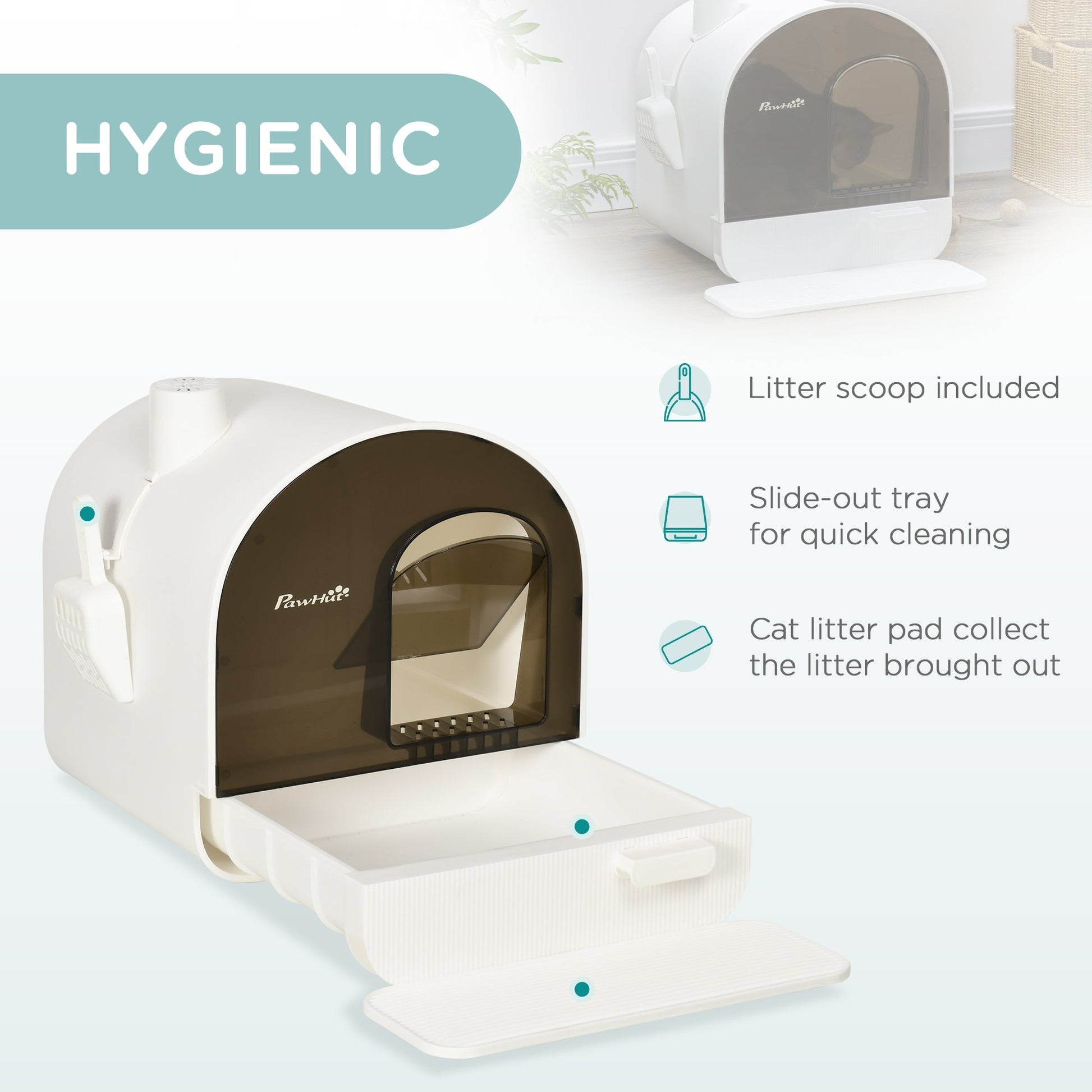 HKM-9547709 White Hooded Cat Litter Box with Scoop, Filter, and Removable Tray