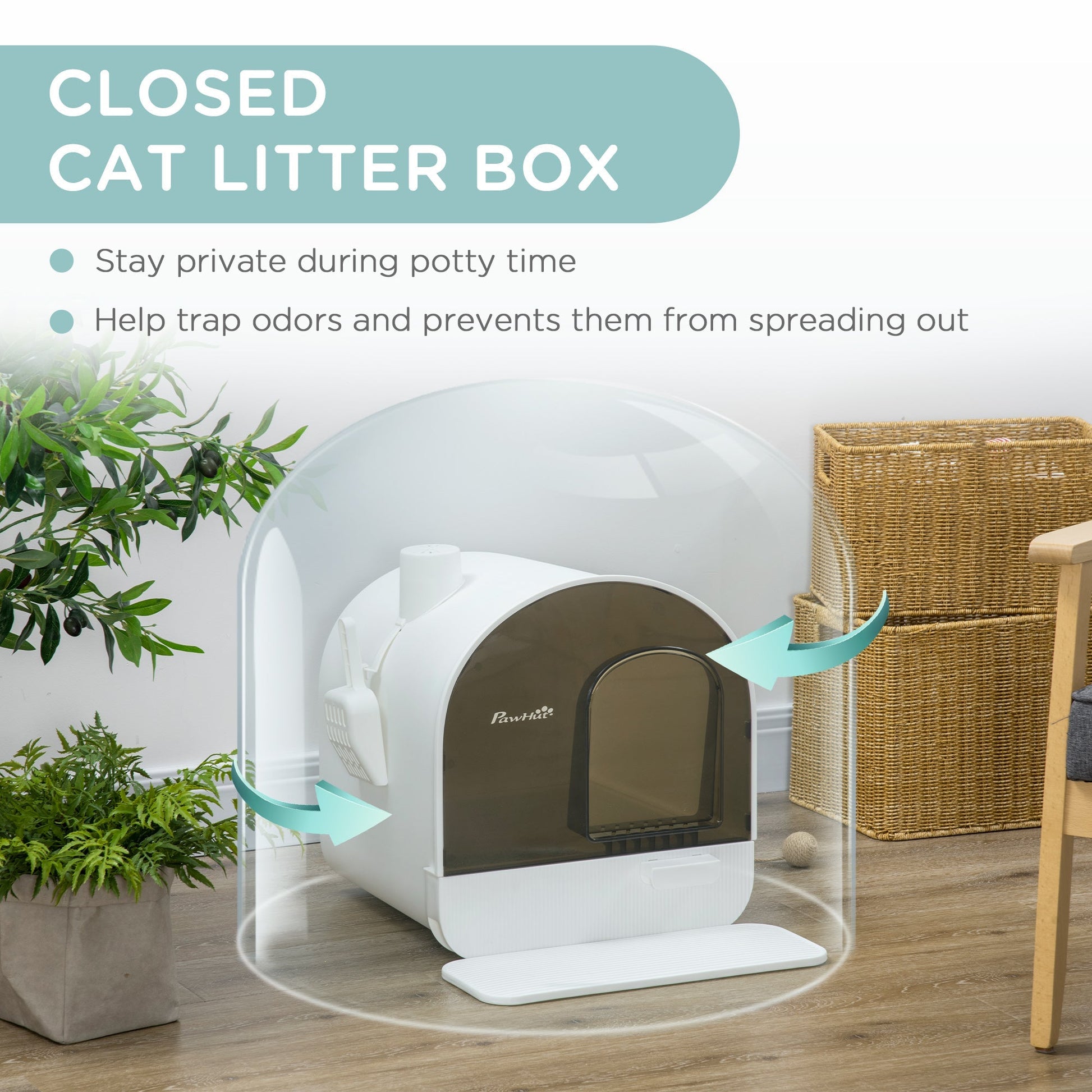 HKM-9547709 White Hooded Cat Litter Box with Scoop, Filter, and Removable Tray