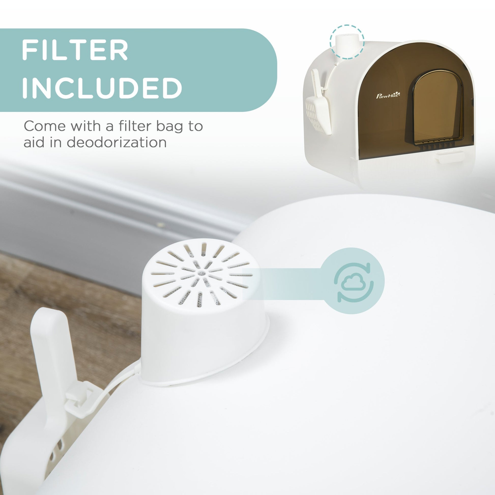 HKM-9547709 White Hooded Cat Litter Box with Scoop, Filter, and Removable Tray