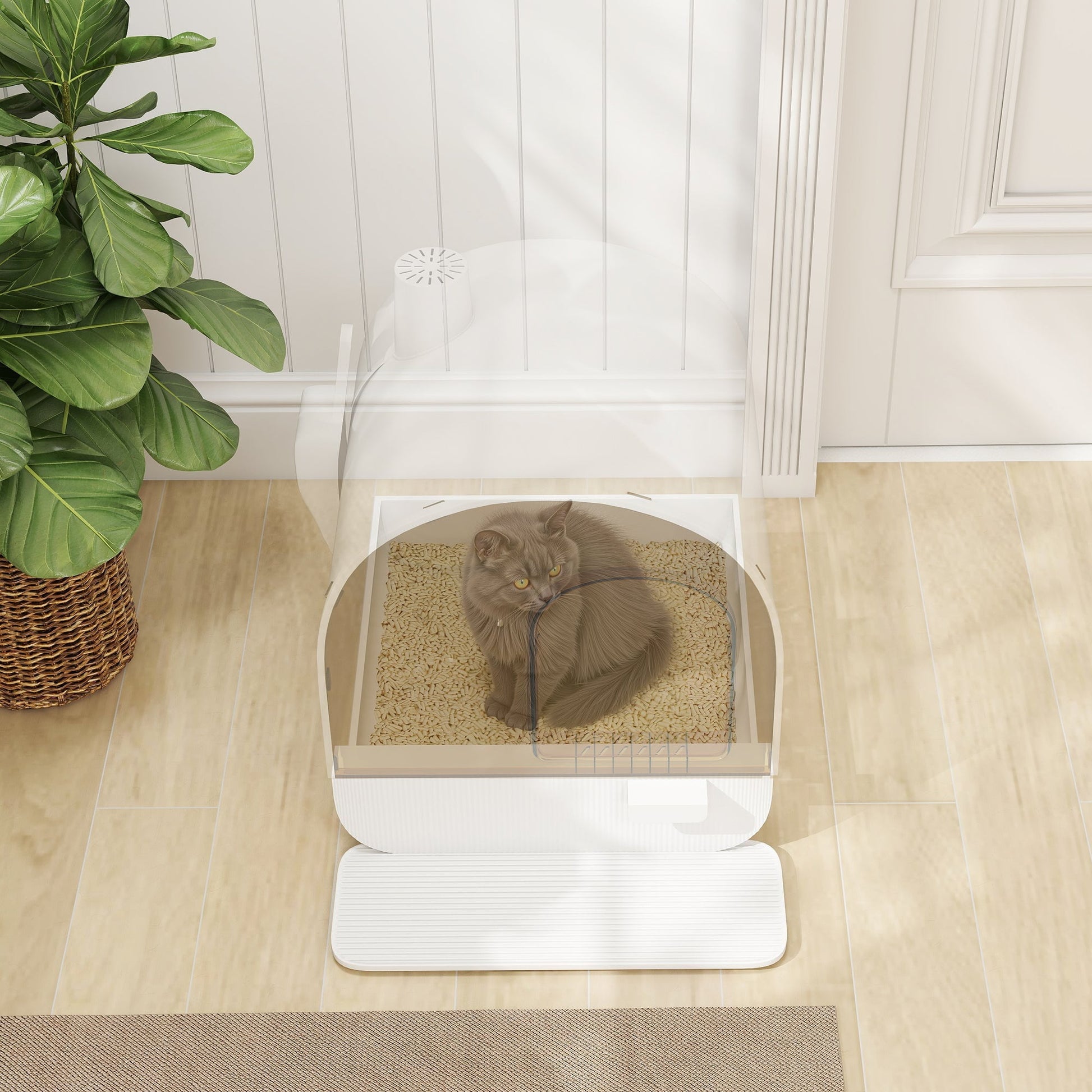 HKM-9547709 White Hooded Cat Litter Box with Scoop, Filter, and Removable Tray