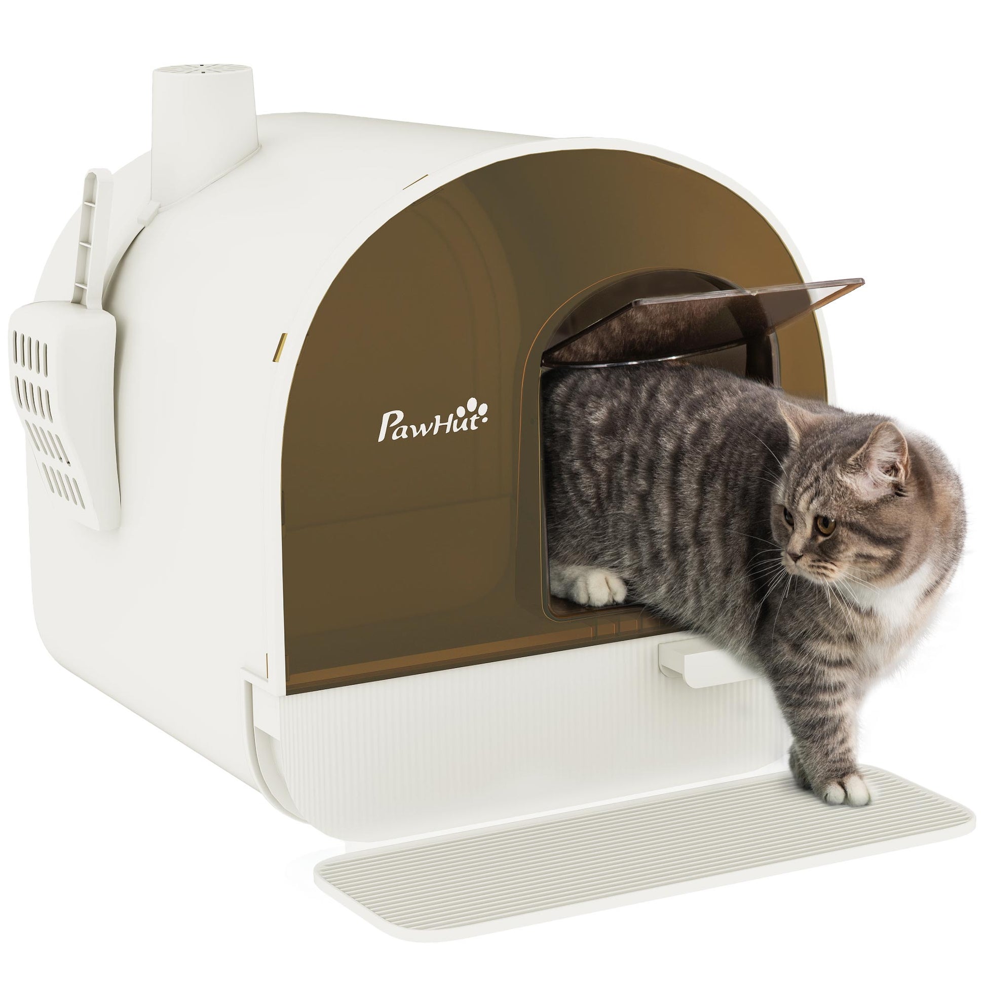 HKM-9547709 White Hooded Cat Litter Box with Scoop, Filter, and Removable Tray