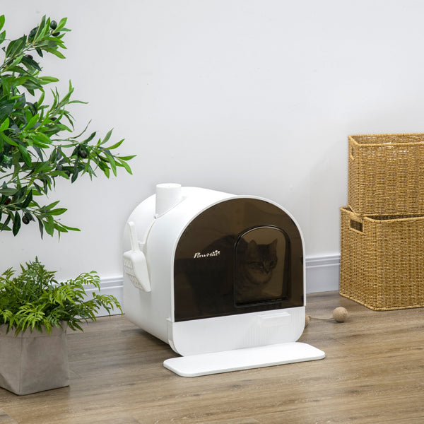 HKM-9547709 White Hooded Cat Litter Box with Scoop, Filter, and Removable Tray