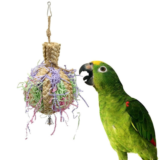 HKM-954771 Natural Straw Rope Toy for Parrots - 15cm Diameter, 23cm Length, Bite Resistant