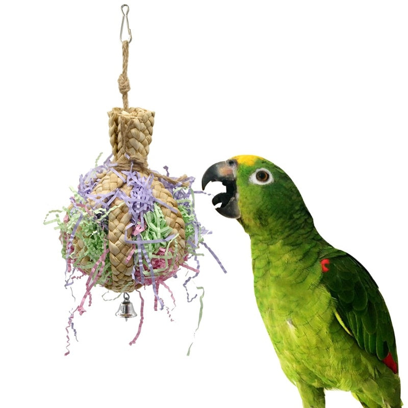 HKM-954771 Natural Straw Rope Toy for Parrots - 15cm Diameter, 23cm Length, Bite Resistant