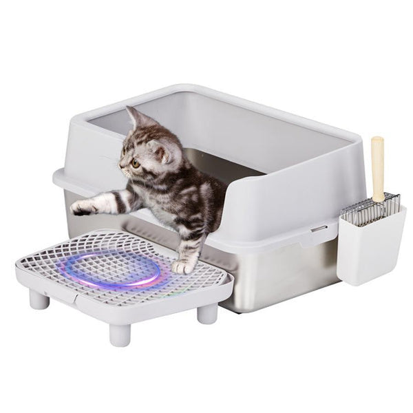 HKM-954835 Stainless Steel Cat Litter Box with Plastic Enclosure and Litter Spatula - Grey, 61x40x33CM