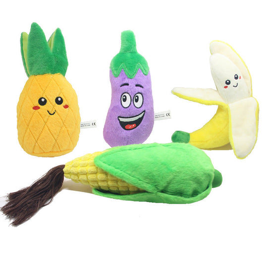 HKM-9551677 Educational Plush Sound Toys for Pets - Fruit & Vegetable Set including Carrot, Banana, Eggplant, Cactus, Pineapple, and Corn