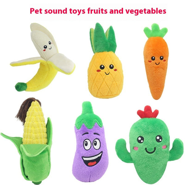 HKM-9551677 Educational Plush Sound Toys for Pets - Fruit & Vegetable Set including Carrot, Banana, Eggplant, Cactus, Pineapple, and Corn