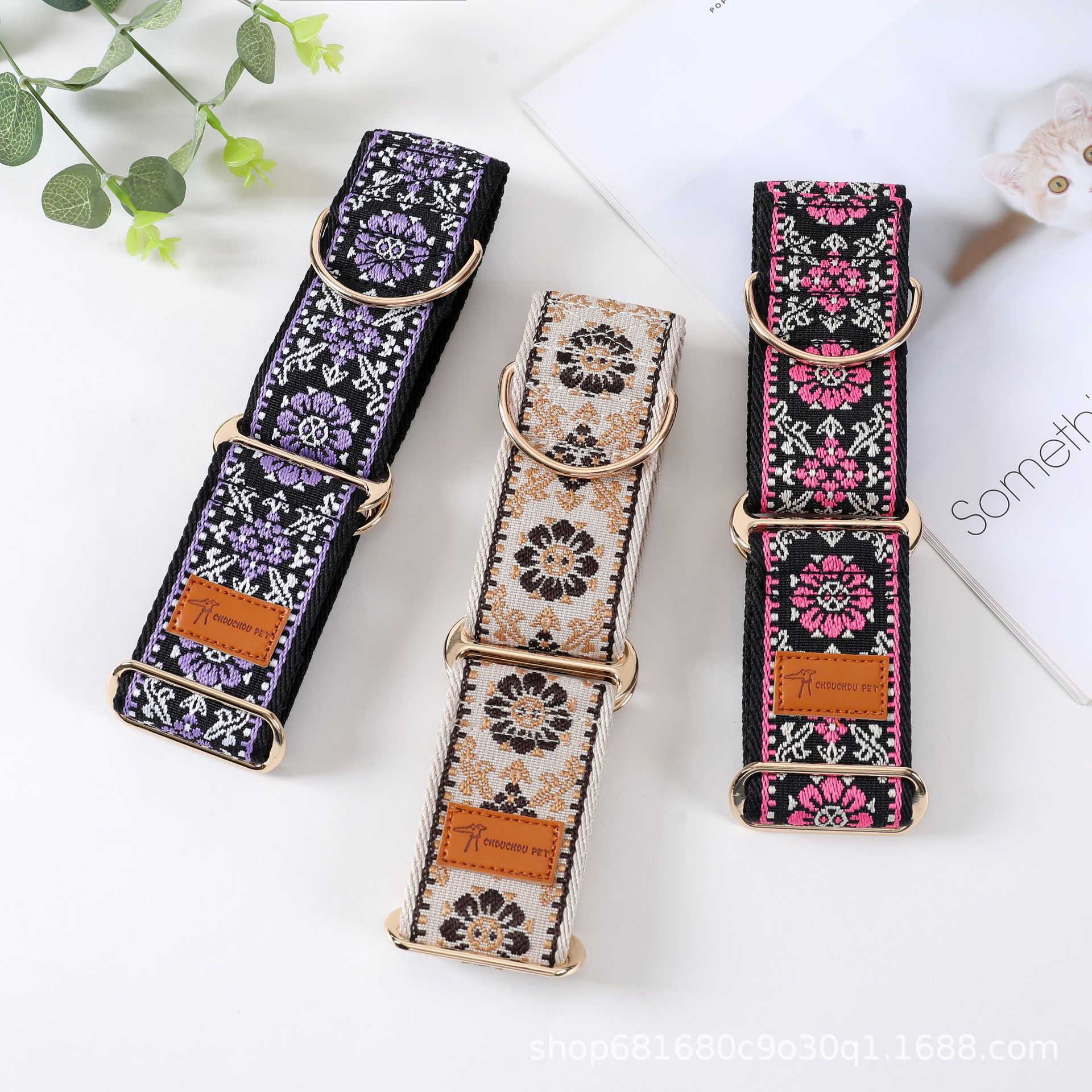 HKM-9553981 Floral-Pattern Adjustable Pet Collar in Turmeric, Purple, and Rose Red - My Size XS to L