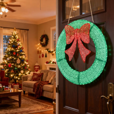 HKM-955475 LED Metal Christmas Wreath Decoration in Green and Yellow - 35 IN & 48 IN Options