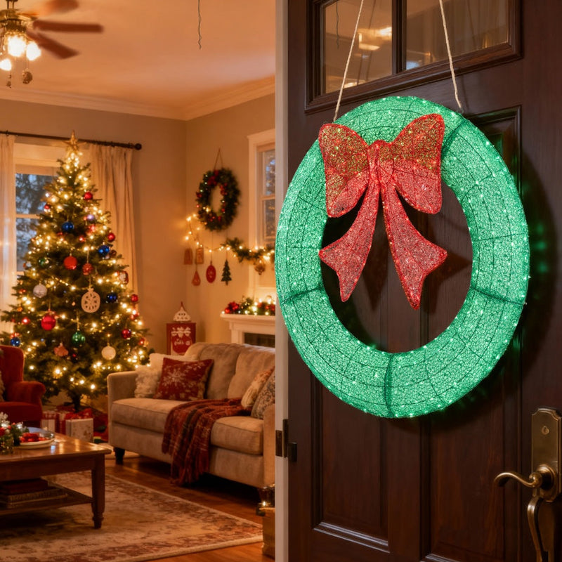 HKM-955475 LED Metal Christmas Wreath Decoration in Green and Yellow - 35 IN & 48 IN Options
