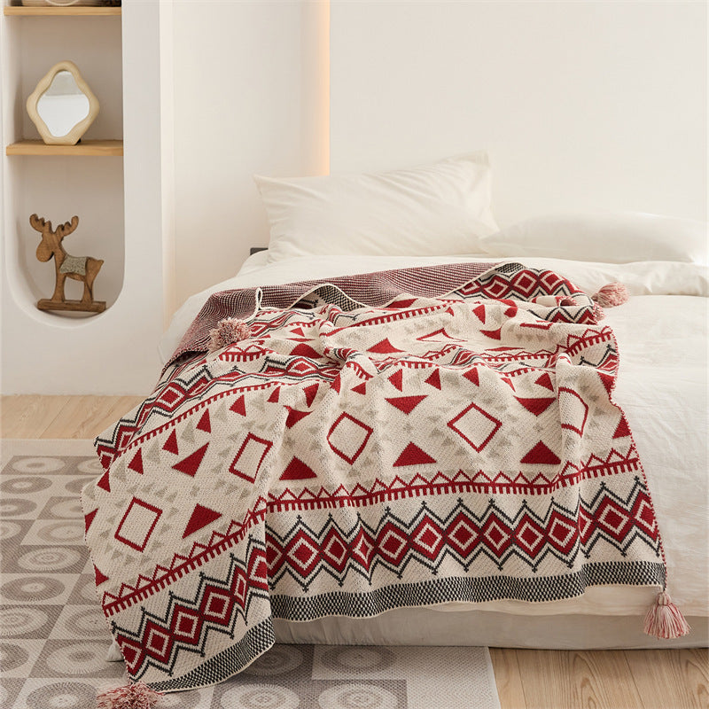 HKM-955667 Bohemian Geometric Pattern Tassel Blanket in Red, Yellow, and Gray – Multiple Sizes Available