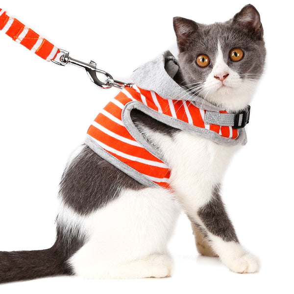 HKM-9557053 Cat Hooded Vest Harness and Leash Set for Outdoor Adventures, Adjustable XS/S, Cotton & Oxford Cloth, Pink & Orange