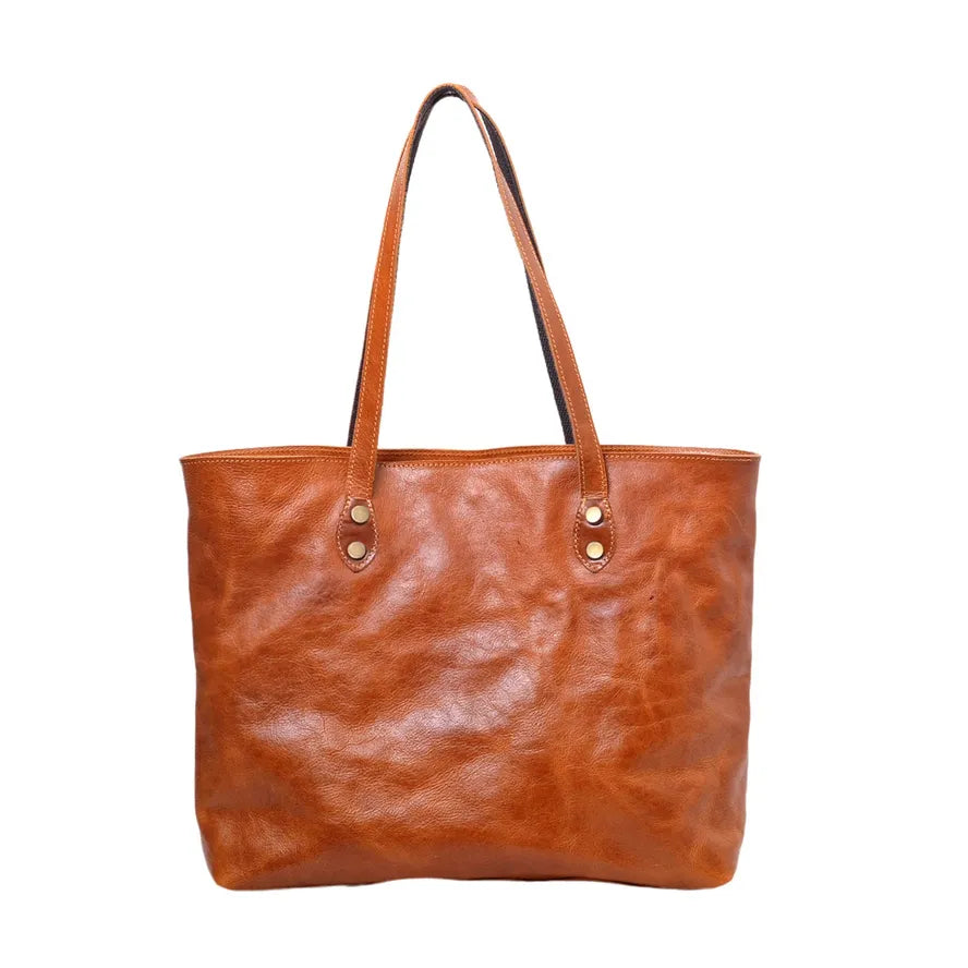 HKM-955731 Women’s Genuine Leather Tote Bag, Vintage Full Grain Cowhide with Cotton Lining, Versatile Double Handle Shoulder Bag for All Seasons
