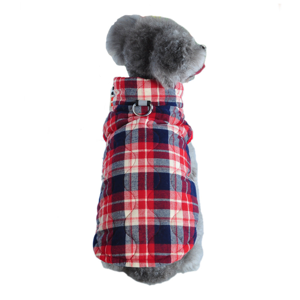 HKM-9557437 Heavy Cotton Plaid Dog Jacket with Reflective Strap for Winter Warmth