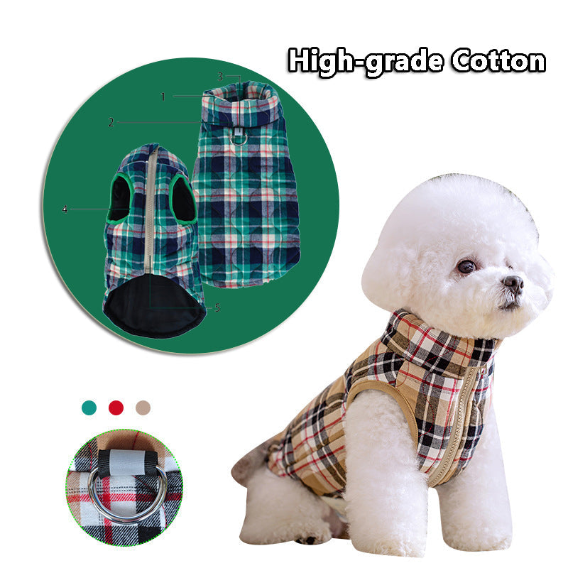 HKM-9557437 Heavy Cotton Plaid Dog Jacket with Reflective Strap for Winter Warmth