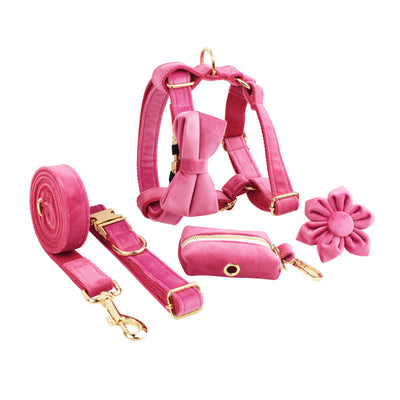 HKM-9559229 Velvet Fabric Dog Collar Set with Leash, Bow, Flower, Vest, and Poop Bag