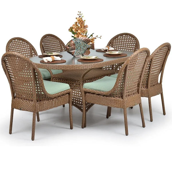 HKM-956691 Exotic Rattan Weaving 6-Seater Outdoor Dining Set with Table and Chairs