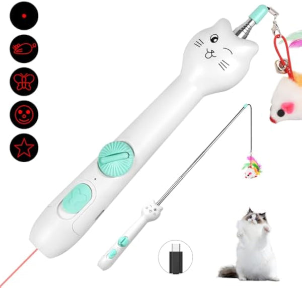 HKM-9570749 Interactive Rechargeable Laser Pointer Cat Wand with Feather Toy - 2-in-1 Indoor Play for Cats and Kittens