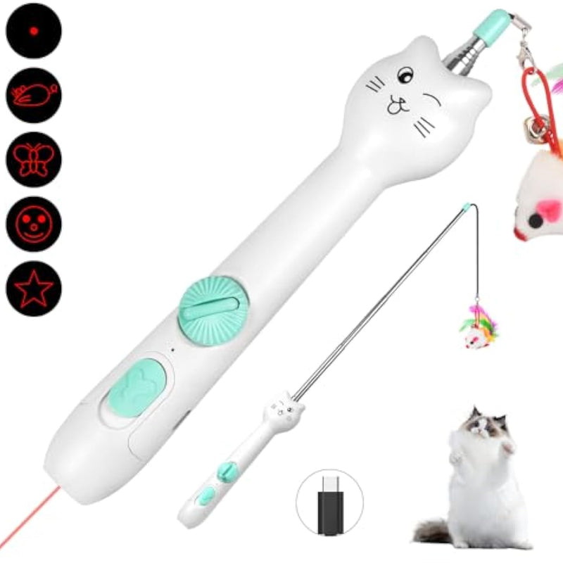 HKM-9570749 Interactive Rechargeable Laser Pointer Cat Wand with Feather Toy - 2-in-1 Indoor Play for Cats and Kittens