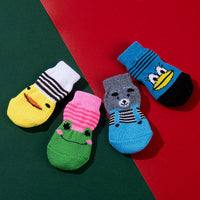 HKM-9575869 Non-Slip Cartoon Pet Socks - 4-Pack with Embroidered Designs: Bear, Frog, Duck, Panda