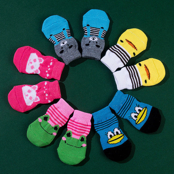 HKM-9575869 Non-Slip Cartoon Pet Socks - 4-Pack with Embroidered Designs: Bear, Frog, Duck, Panda