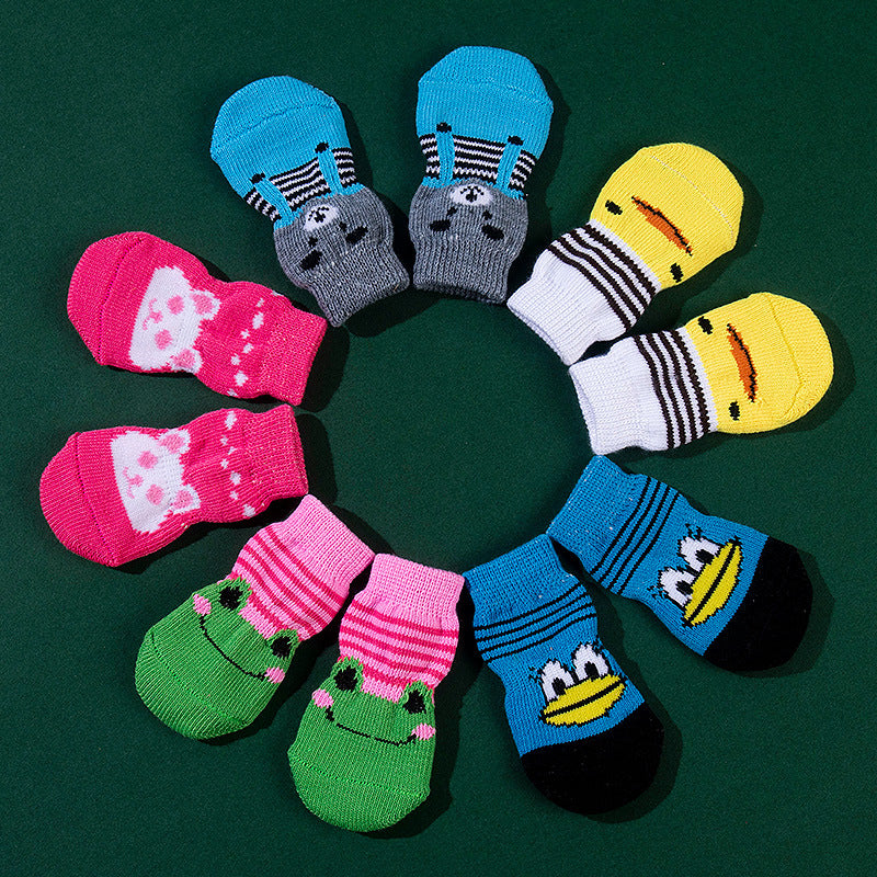 HKM-9575869 Non-Slip Cartoon Pet Socks - 4-Pack with Embroidered Designs: Bear, Frog, Duck, Panda