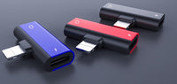 HKM-957843 Dual Lightning Audio Adapter for iPhone Models - Aluminum Alloy, Red/Blue/Black, 2.1A Charging, 2.9cm Length