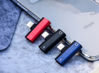 HKM-957843 Dual Lightning Audio Adapter for iPhone Models - Aluminum Alloy, Red/Blue/Black, 2.1A Charging, 2.9cm Length