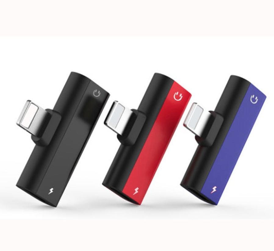HKM-957843 Dual Lightning Audio Adapter for iPhone Models - Aluminum Alloy, Red/Blue/Black, 2.1A Charging, 2.9cm Length