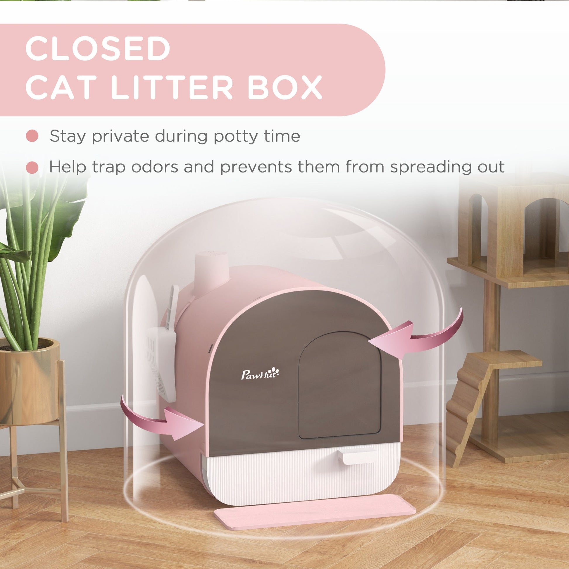 HKM-9580477 Pink Hooded Cat Litter Box with Scoop, Air Filter, and Removable Tray