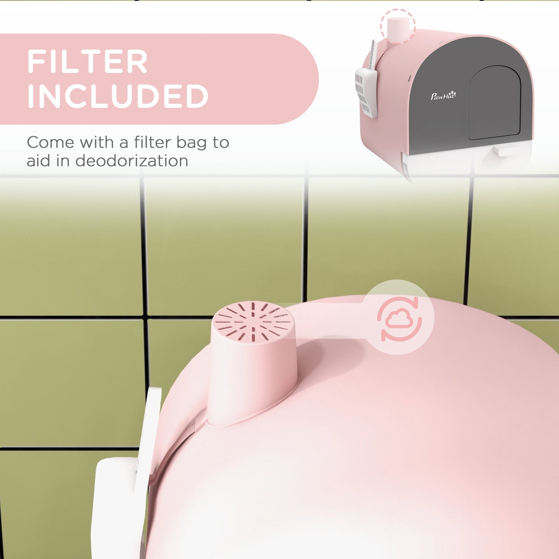 HKM-9580477 Pink Hooded Cat Litter Box with Scoop, Air Filter, and Removable Tray
