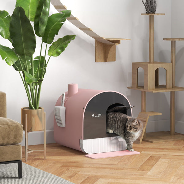 HKM-9580477 Pink Hooded Cat Litter Box with Scoop, Air Filter, and Removable Tray