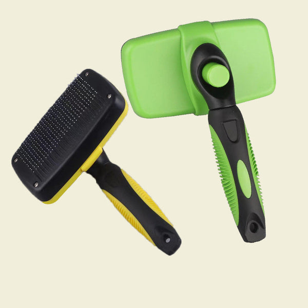 HKM-9580605 Automatic Retractable Pet Grooming Comb with Stainless Steel Needles and Soft Bristles